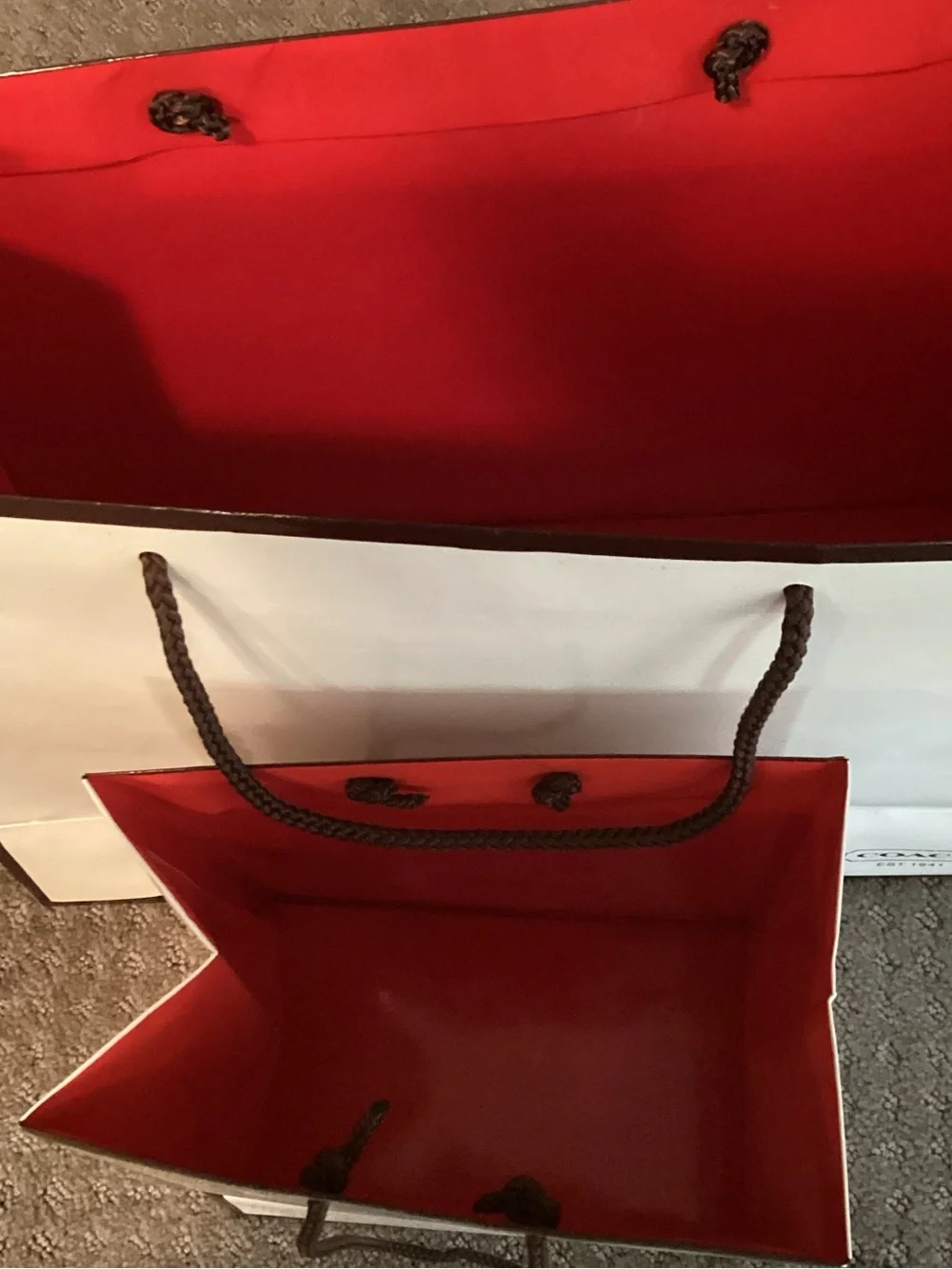 Coach Authentic White &Red Glossy Shopping/Gift Bags with rope handles, 2 bags